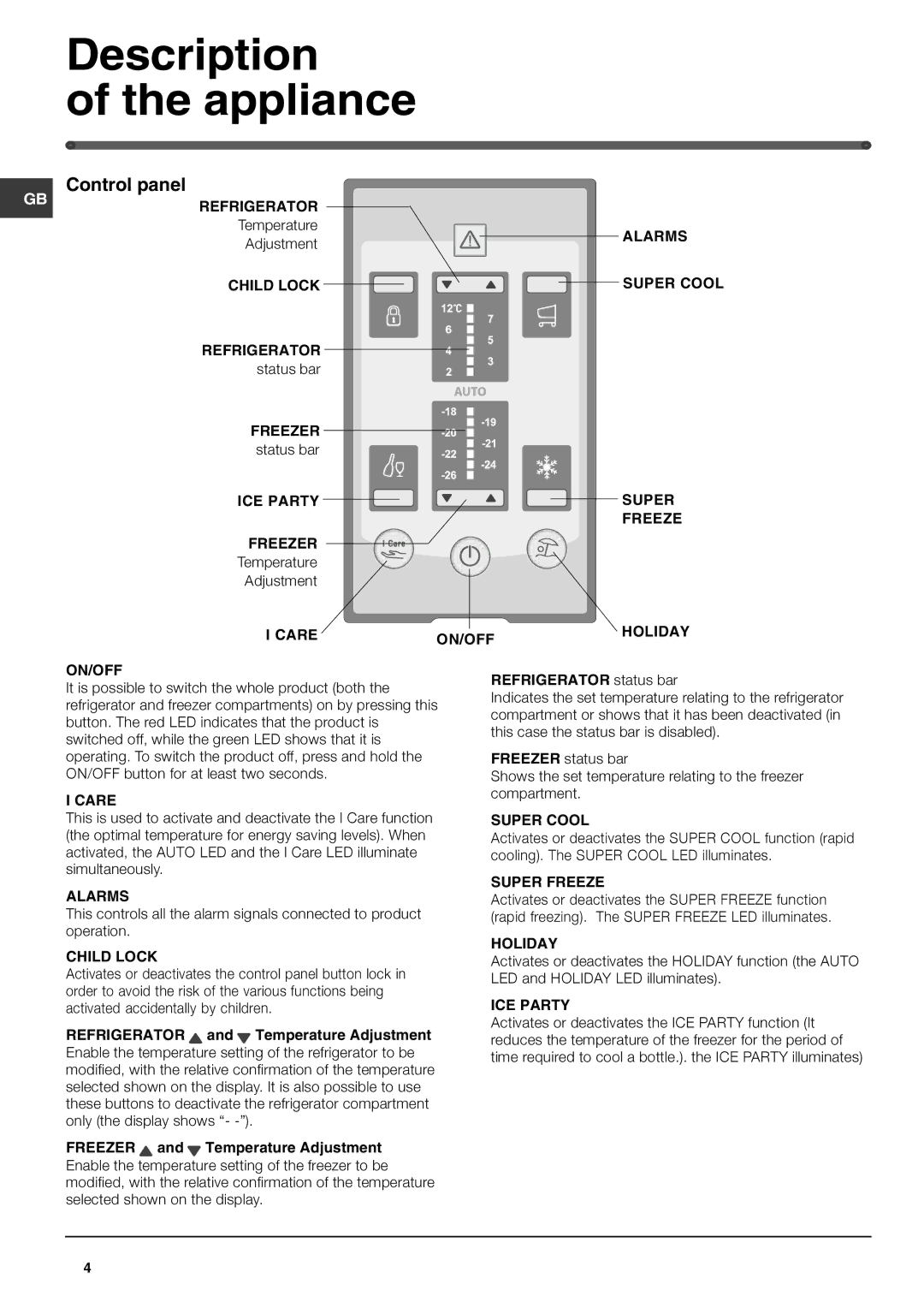 Hotpoint FF47MX manual Description Appliance, Control panel 