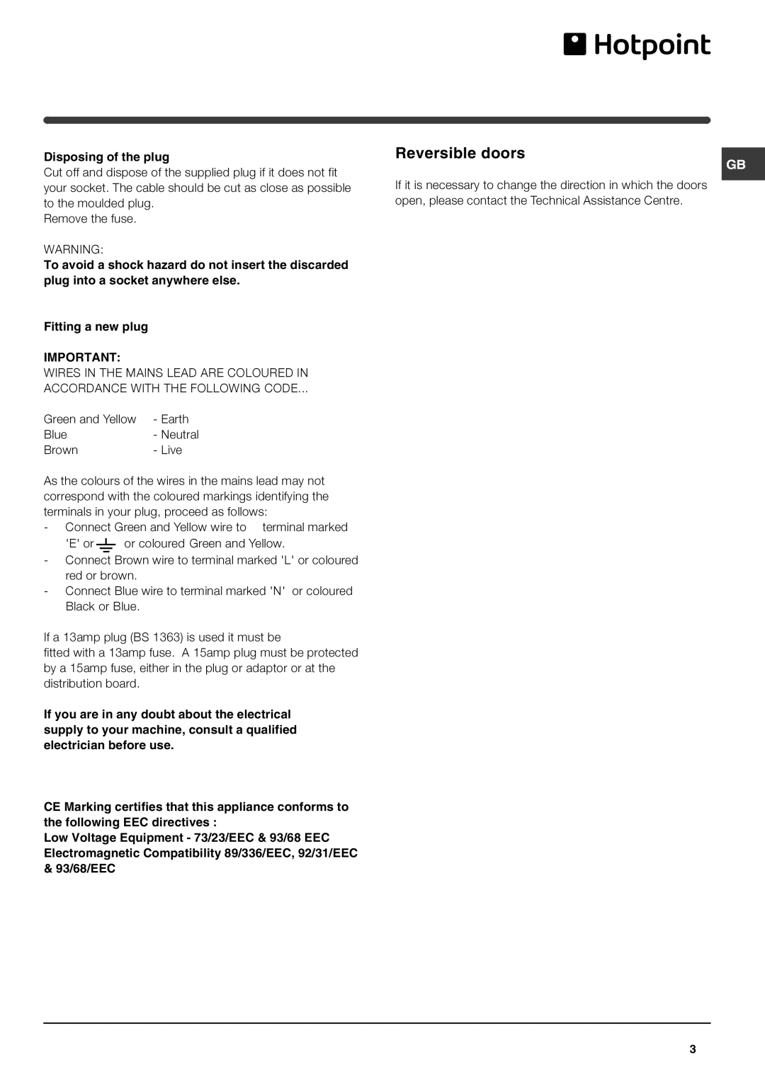 Hotpoint FF46TP, FF48TX manual Reversible doors, Disposing of the plug 