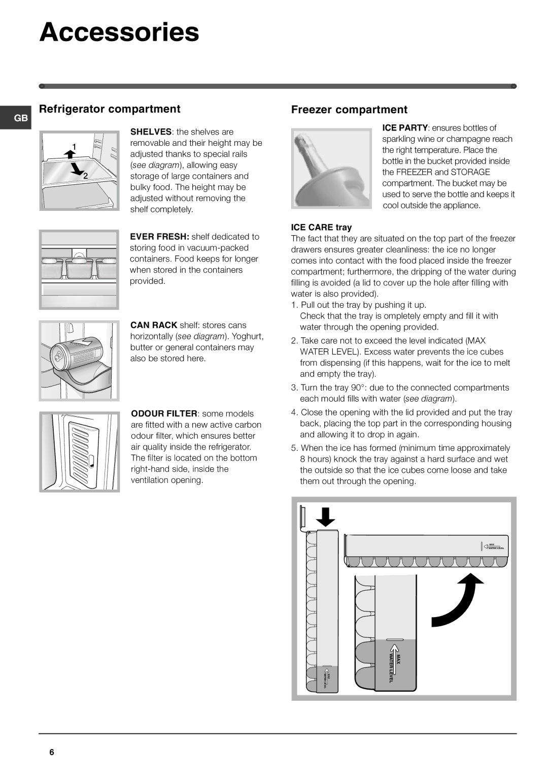 Hotpoint FF48TX, FF46TP manual Accessories, Refrigerator compartment Freezer compartment, ICE Care tray 