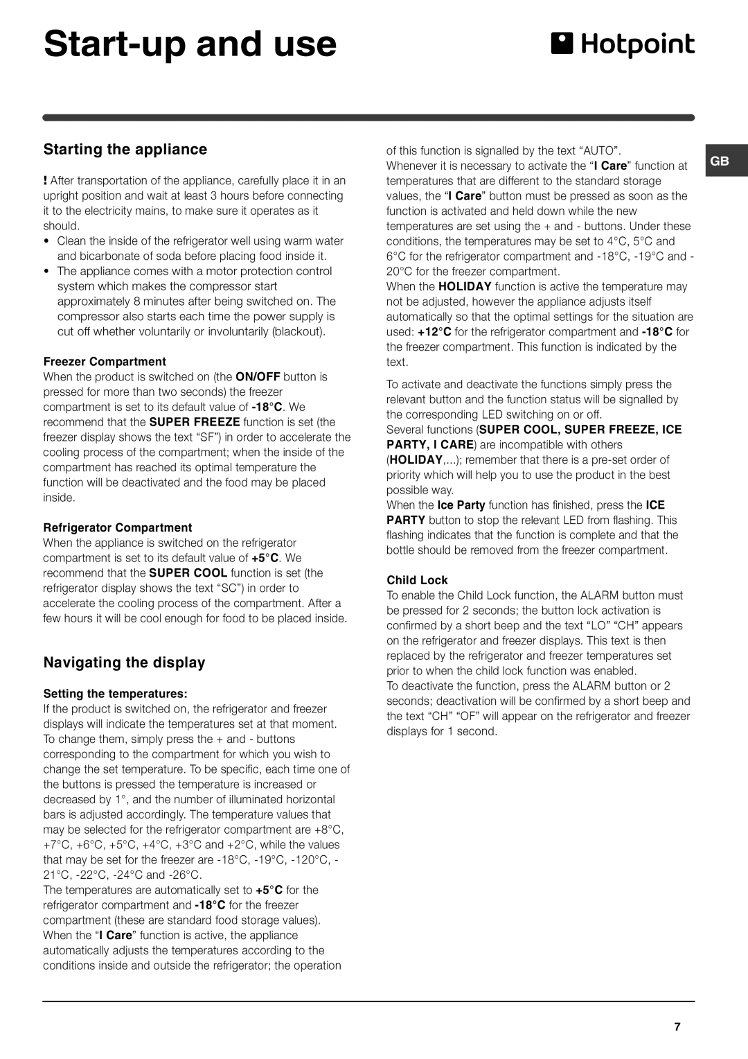 Hotpoint FF46TP, FF48TX manual Start-up and use, Starting the appliance, Navigating the display 