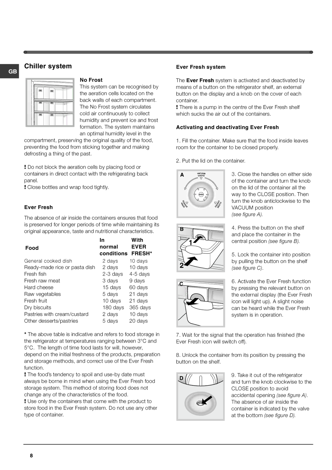 Hotpoint FF48TX, FF46TP manual GB Chiller system, Ever, Fresh 