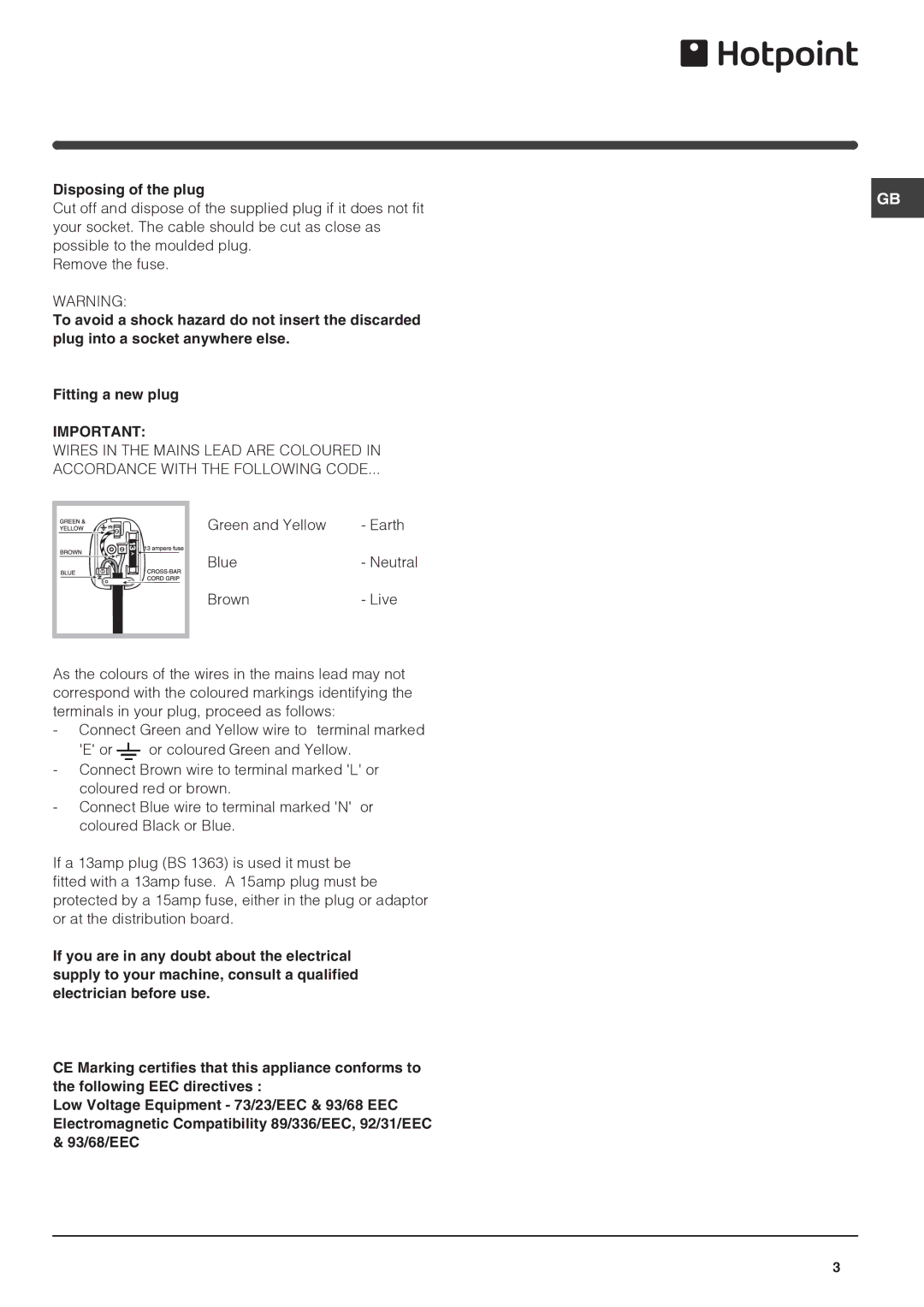 Hotpoint FF4D SB manual Disposing of the plug 