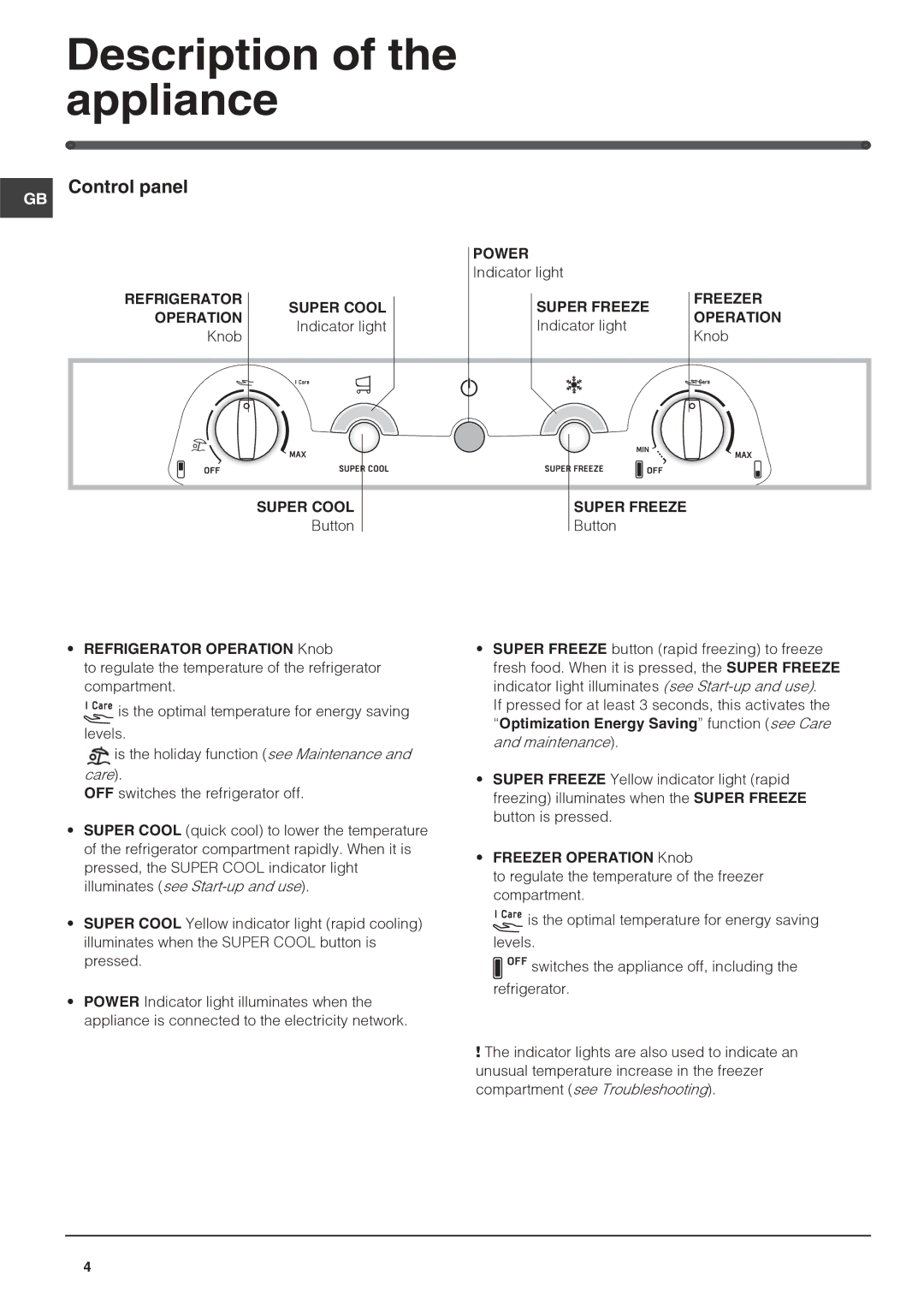 Hotpoint FF4D SB manual Description of the appliance, GB Control panel 