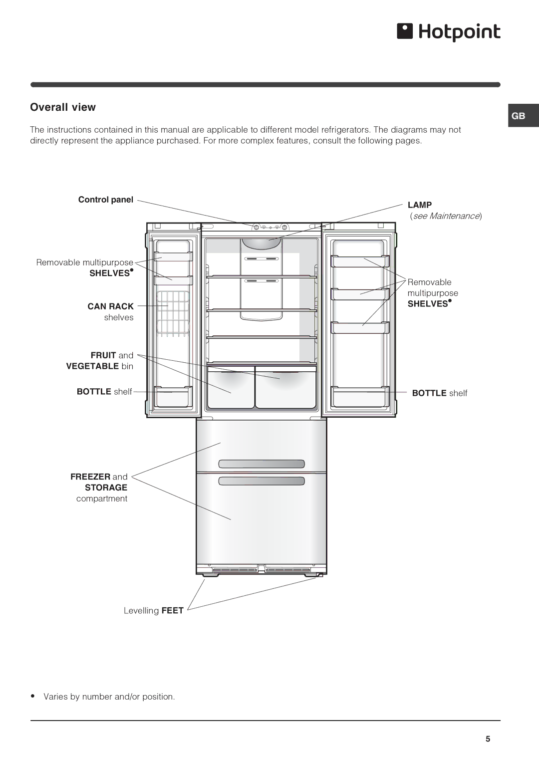 Hotpoint FF4D SB manual Overall view, Shelves, Can Rack, Lamp 