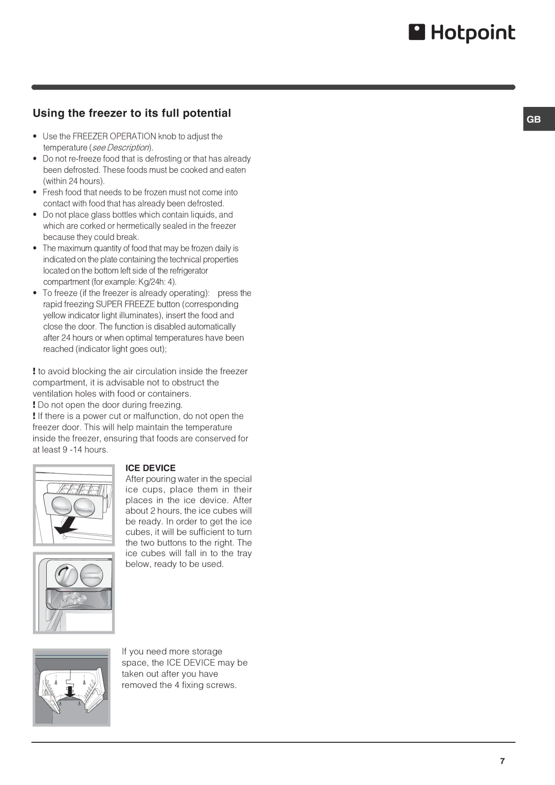 Hotpoint FF4D SB manual Using the freezer to its full potential, ICE Device 