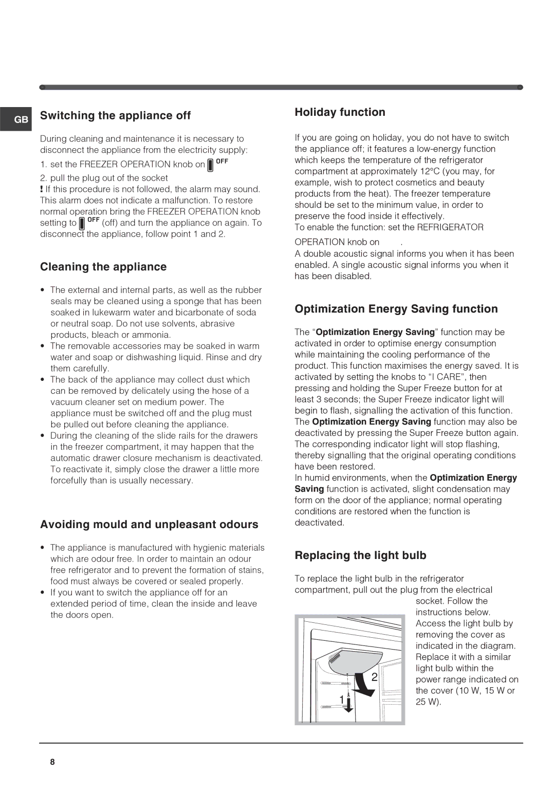 Hotpoint FF4D SB manual Maintenance and care 