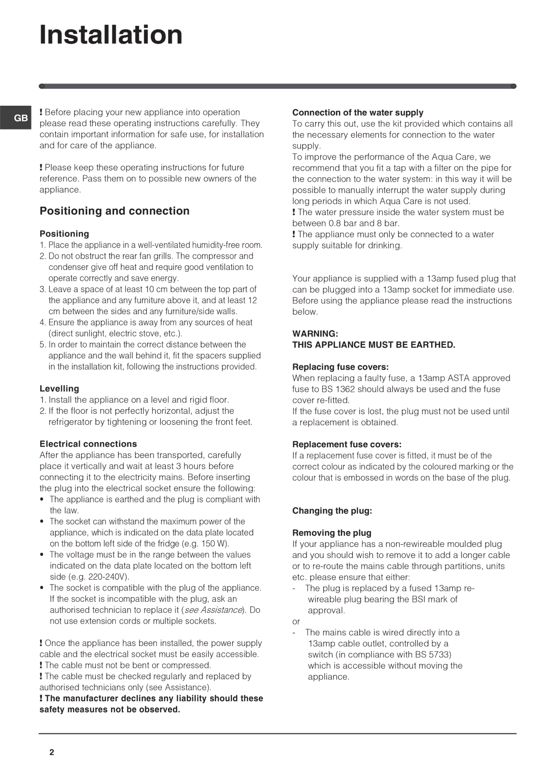 Hotpoint FF4DX, FF4DK manual Installation, Positioning and connection 