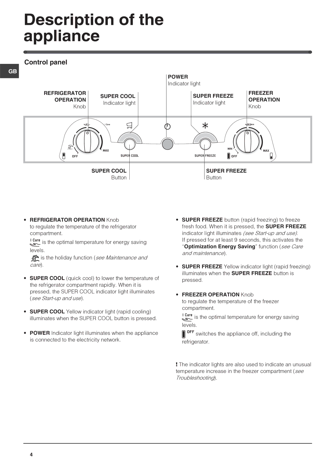 Hotpoint FF4DX, FF4DK manual Description of the appliance, Control panel 