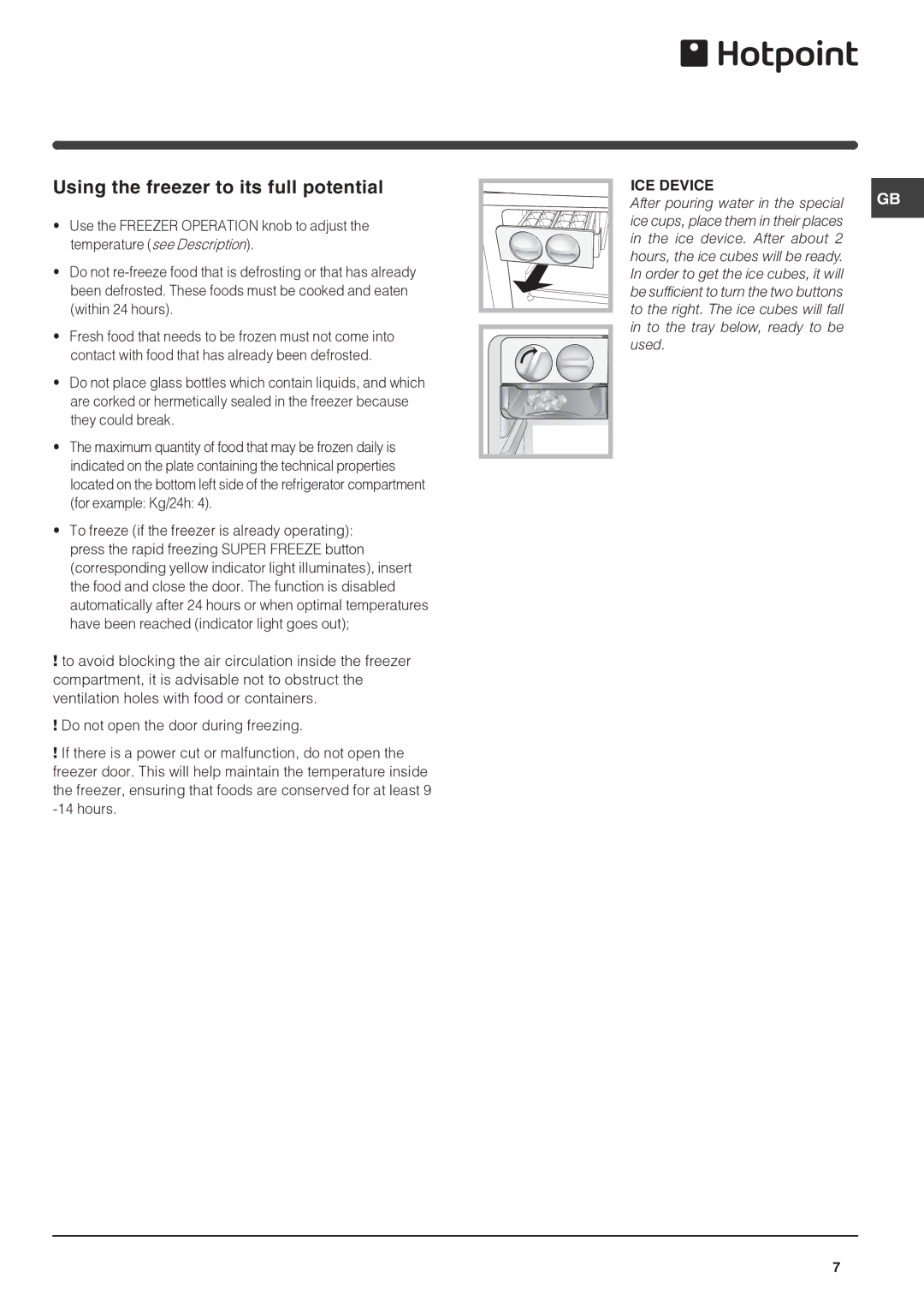 Hotpoint FF4DK, FF4DX manual Using the freezer to its full potential, ICE Device 