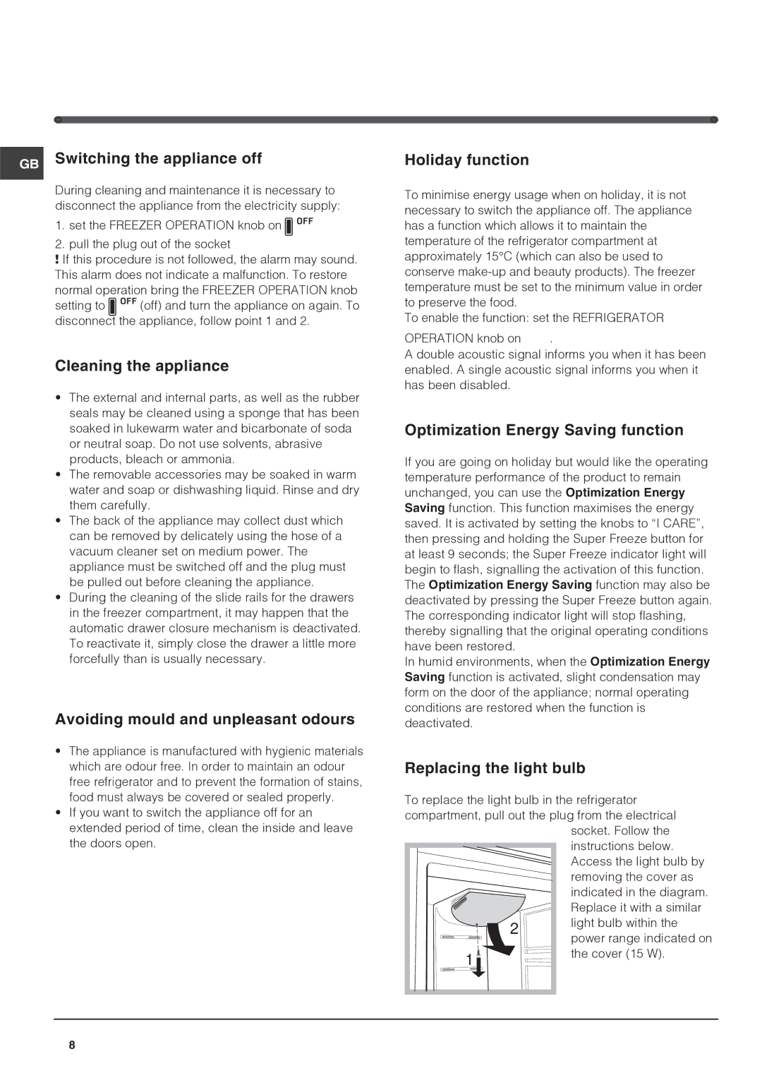 Hotpoint FF4DX, FF4DK manual Maintenance and care 