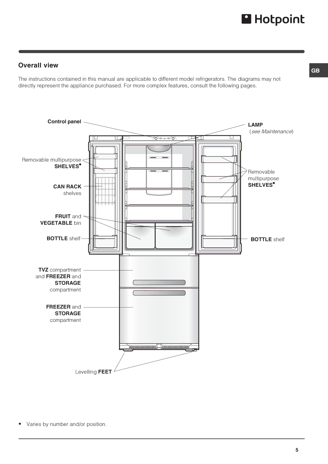 Hotpoint FF4DK(TVZ)(UK), FF4DX(TVZ)(UK) manual Overall view, Shelves, Can Rack, Lamp 