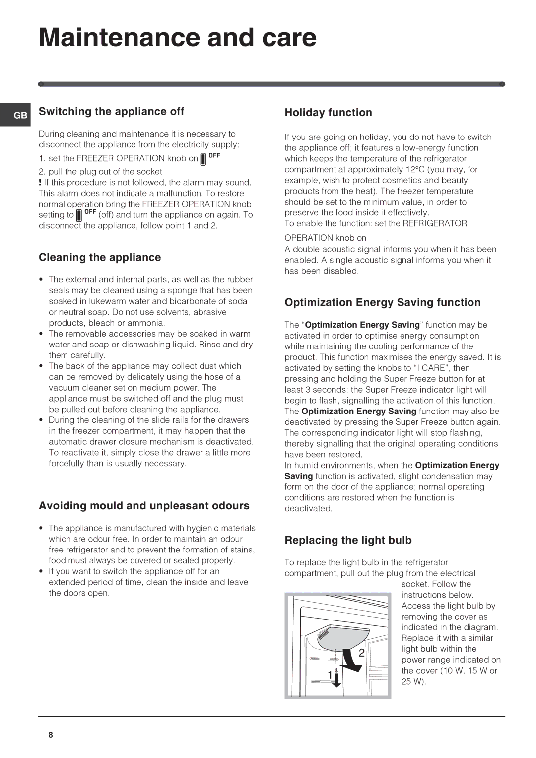 Hotpoint FF4DX(TVZ)(UK), FF4DK(TVZ)(UK) manual Maintenance and care 