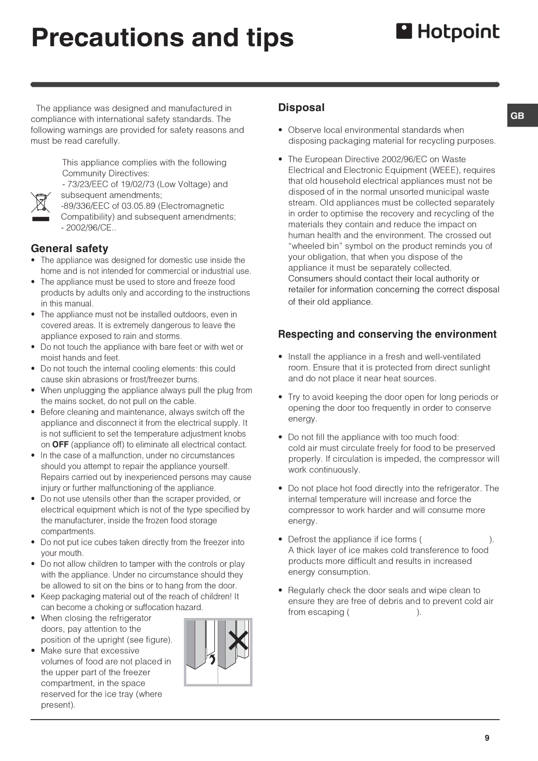 Hotpoint FF4DK(TVZ)(UK) manual Precautions and tips, General safety, Disposal, Respecting and conserving the environment 