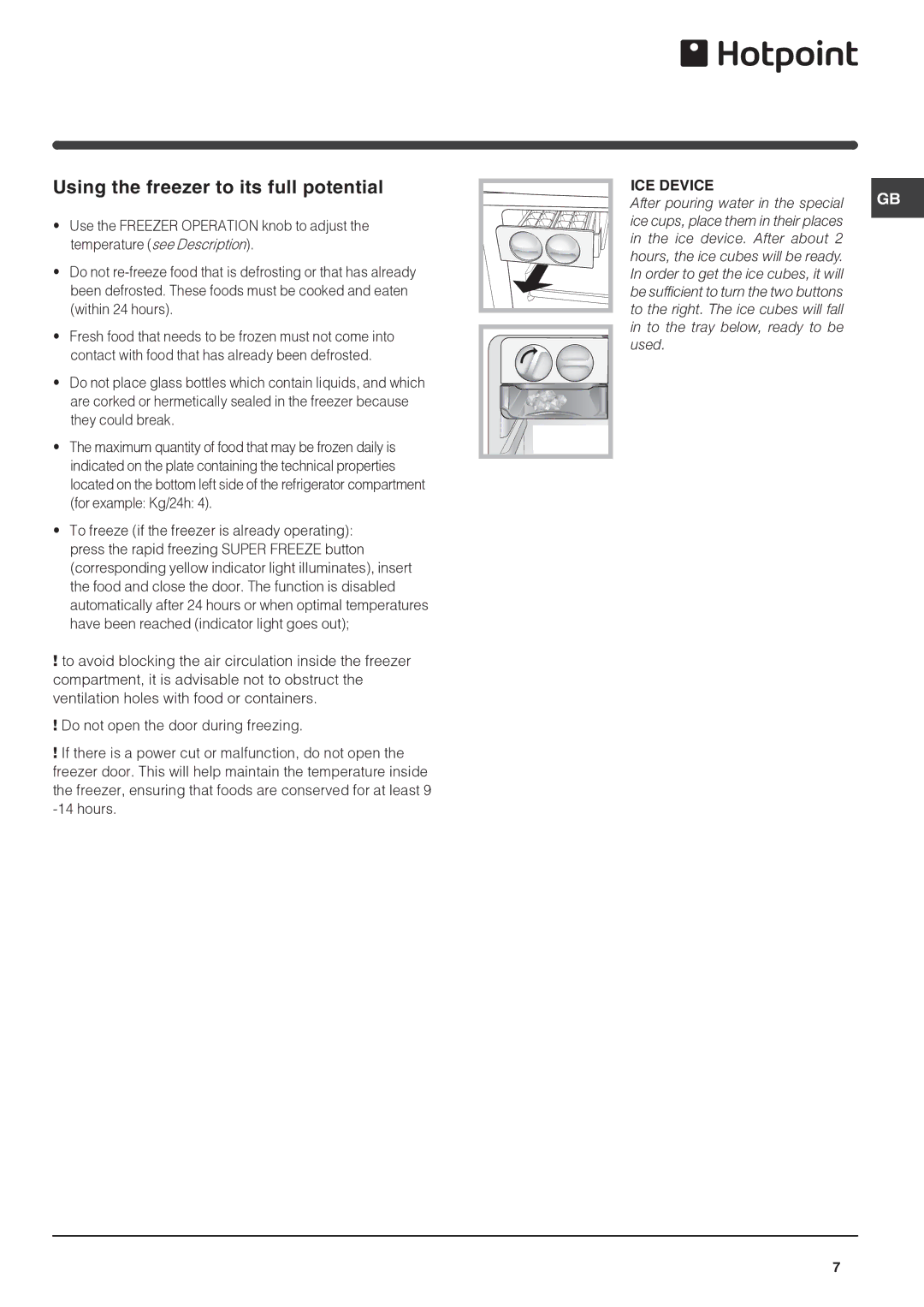 Hotpoint FF4DK(UK), FF4DX(UK) manual Using the freezer to its full potential, ICE Device 