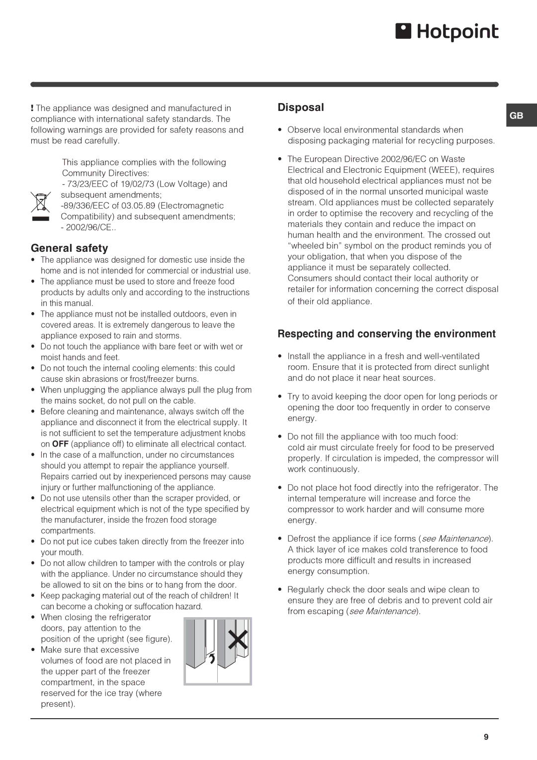 Hotpoint FF4DK(UK), FF4DX(UK) Precautions and tips, General safety, Disposal, Respecting and conserving the environment 