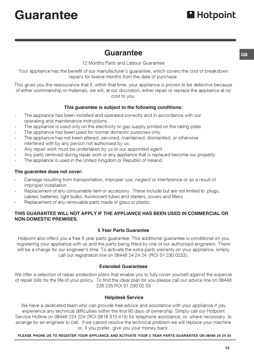 Hotpoint FF7190AEX, FF7190AEP, FF7190EX, FF7190EP operating instructions Guarantee 