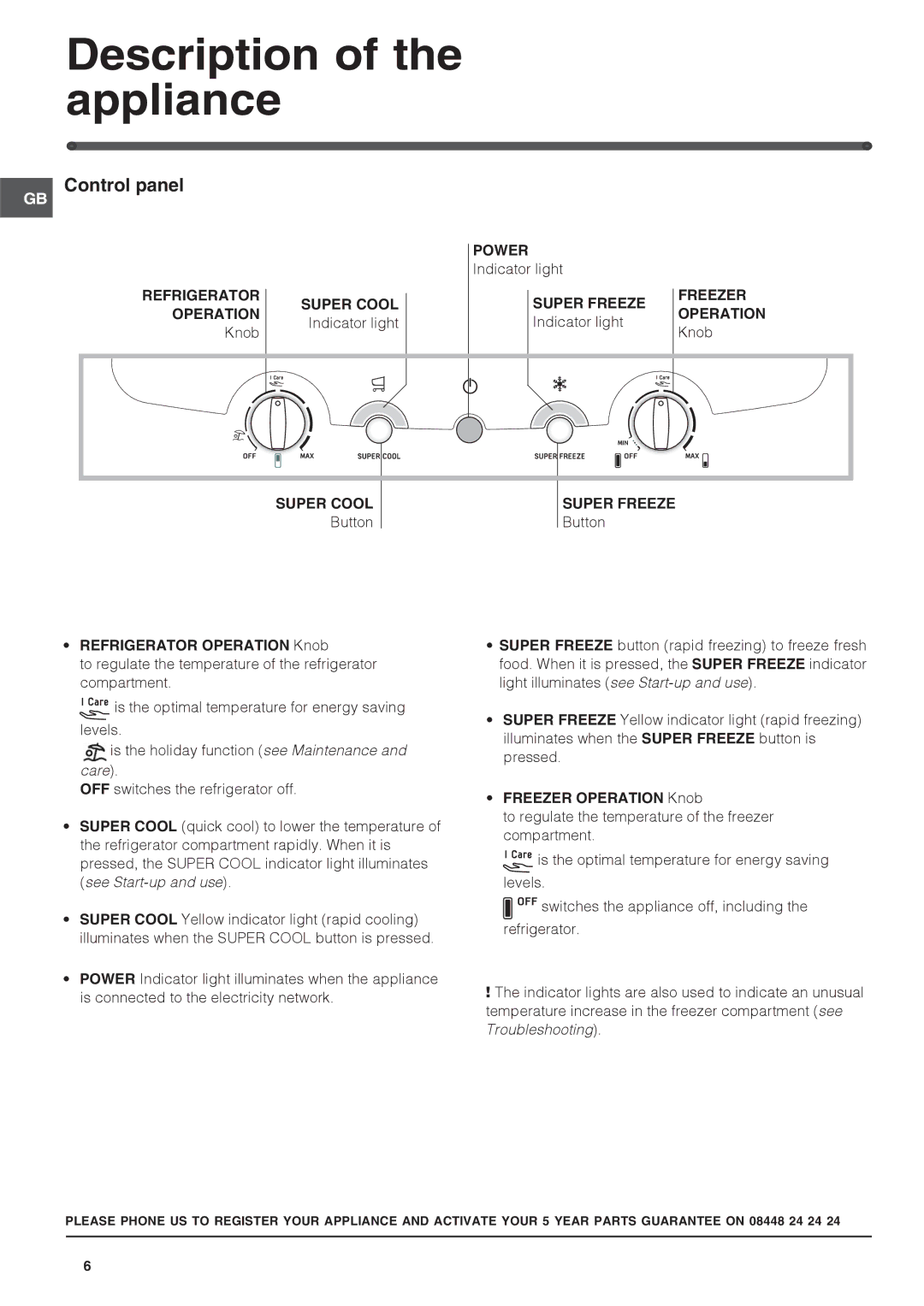 Hotpoint FF7190EX Description of the appliance, Control panel, Freezer Operation Knob, Refrigerator Operation Knob 