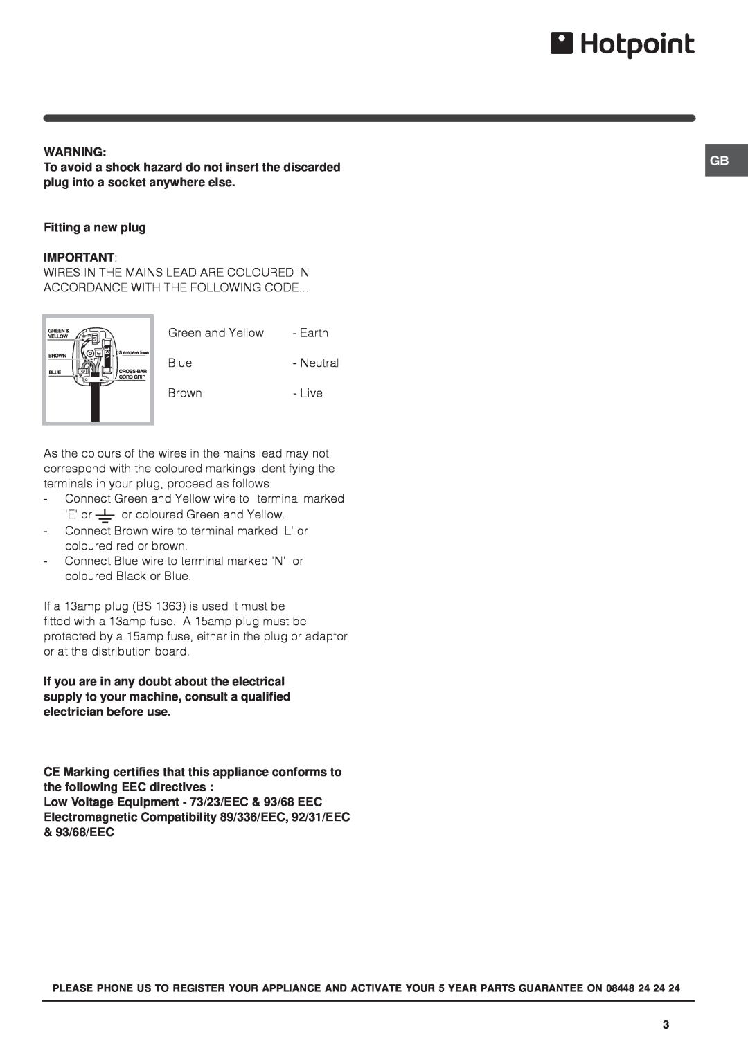 Hotpoint FF7190EP, FF7190EX manual To avoid a shock hazard do not insert the discarded 