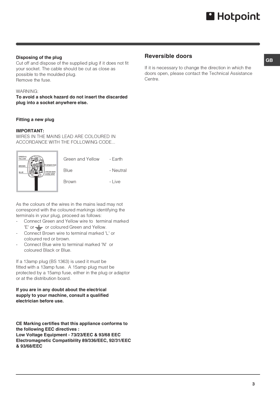 Hotpoint FF7190TX manual Reversible doors, Disposing of the plug 