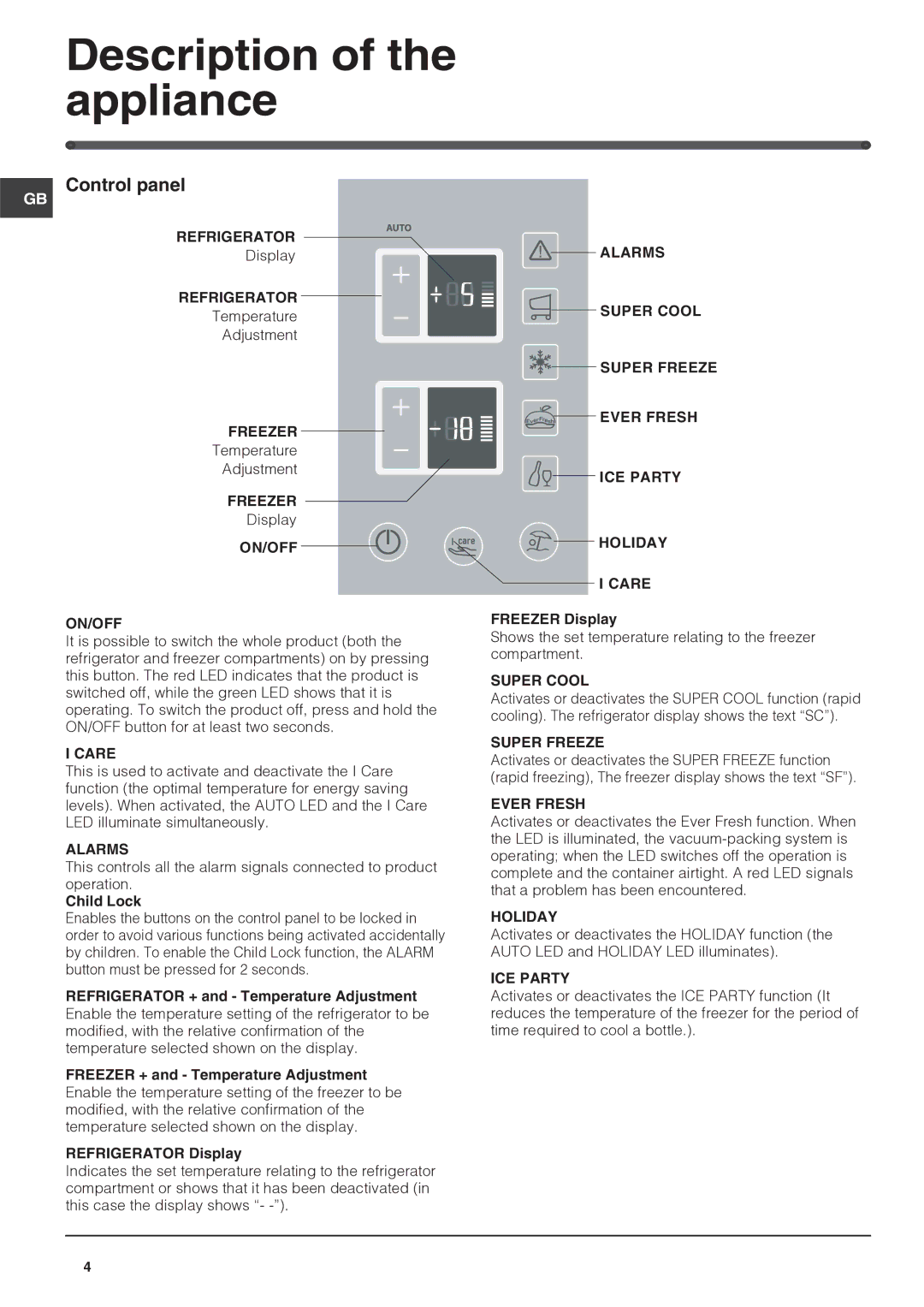 Hotpoint FF7190TX manual Description of the appliance, Control panel 