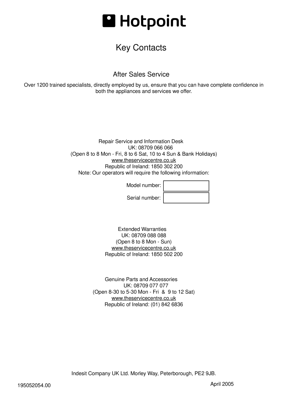 Hotpoint FFA40X manual Key Contacts 