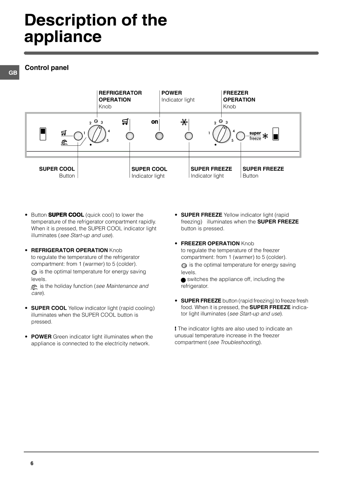 Hotpoint FFA40X manual Description of the appliance, Control panel, Refrigerator Operation Knob, Freezer Operation Knob 