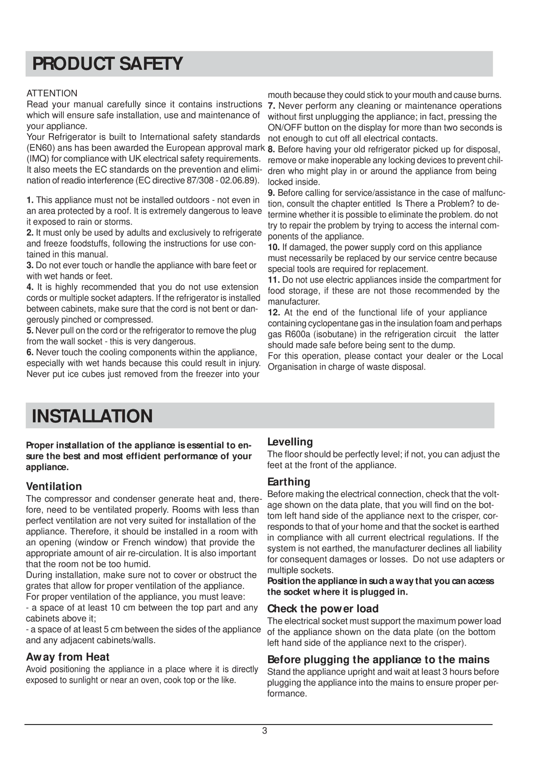 Hotpoint FFA45W, FFA47X manual Product Safety, Installation 