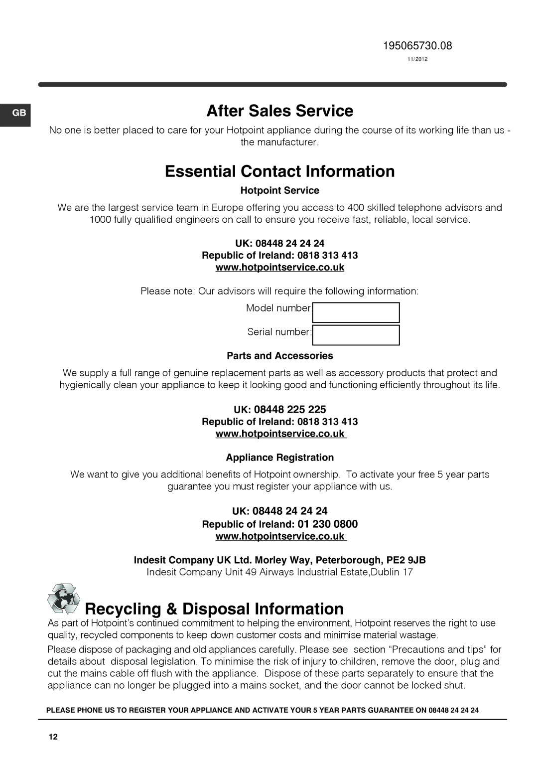 Hotpoint FFA52x, FFAA52x manual UK 08448 225, UK 08448 24 24, Hotpoint Service 