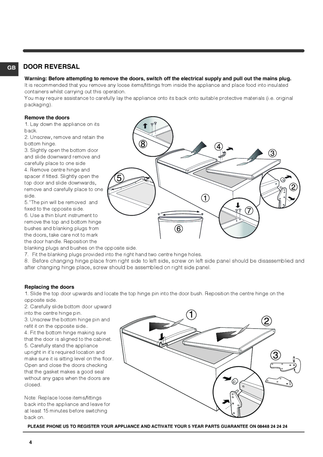 Hotpoint FFA52x, FFAA52x manual Remove the doors, Replacing the doors 