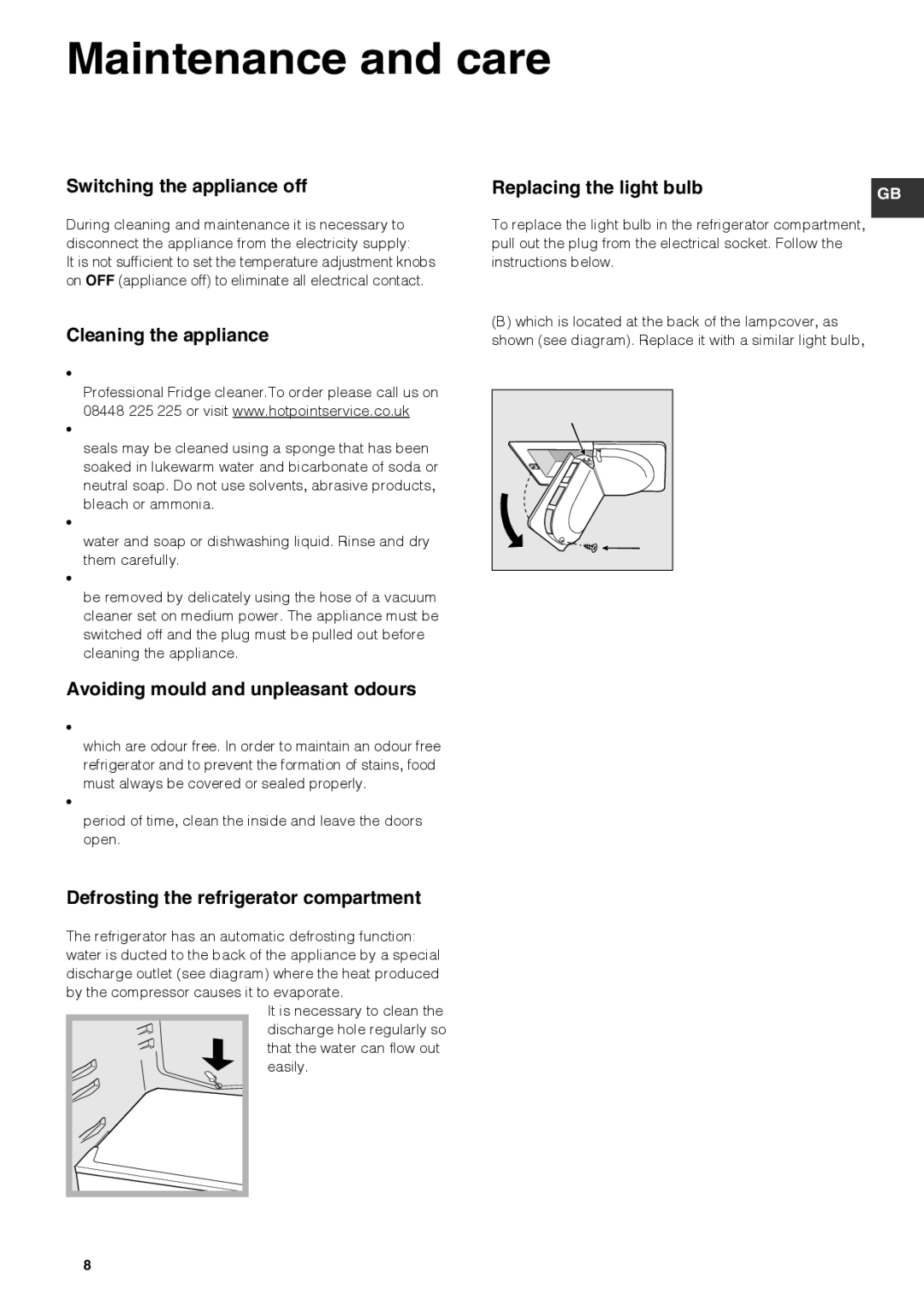 Hotpoint FFA52x, FFAA52x manual Maintenance and care 