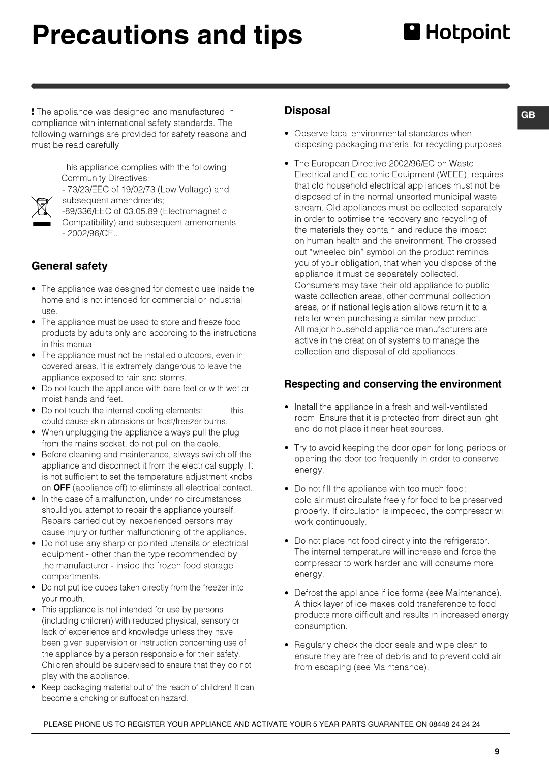 Hotpoint FFAA52x, FFA52x manual Precautions and tips, General safety, Respecting and conserving the environment 