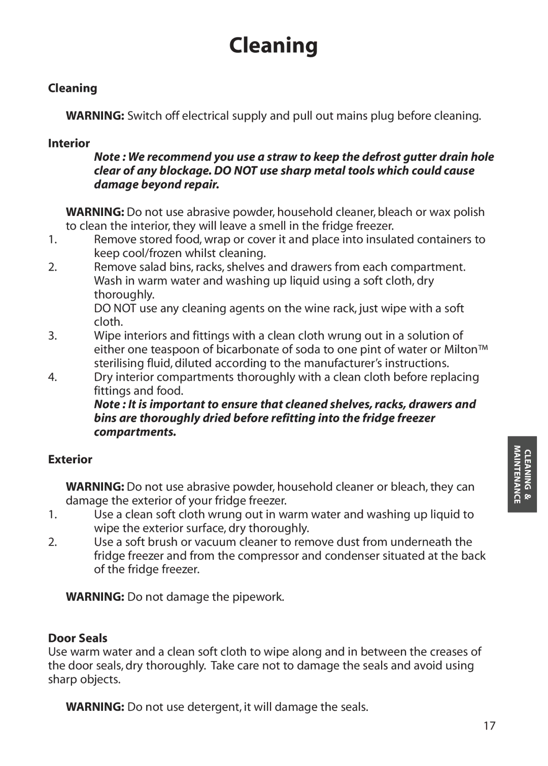 Hotpoint FFA70, FFA80, FFA60, FFS70 manual Cleaning Interior, Exterior, Door Seals 