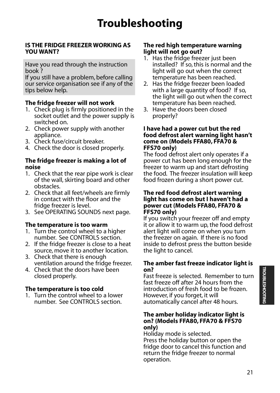 Hotpoint FFA70, FFA80, FFA60, FFS70 manual Troubleshooting 