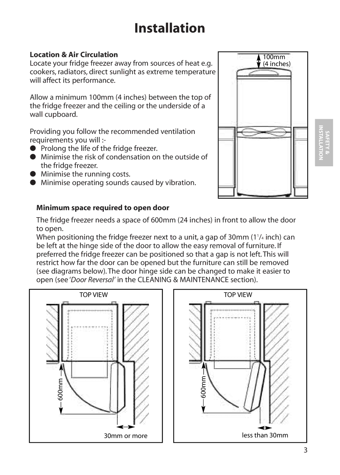 Hotpoint FFS70, FFA80, FFA70, FFA60 manual Installation, Location & Air Circulation, Minimum space required to open door 