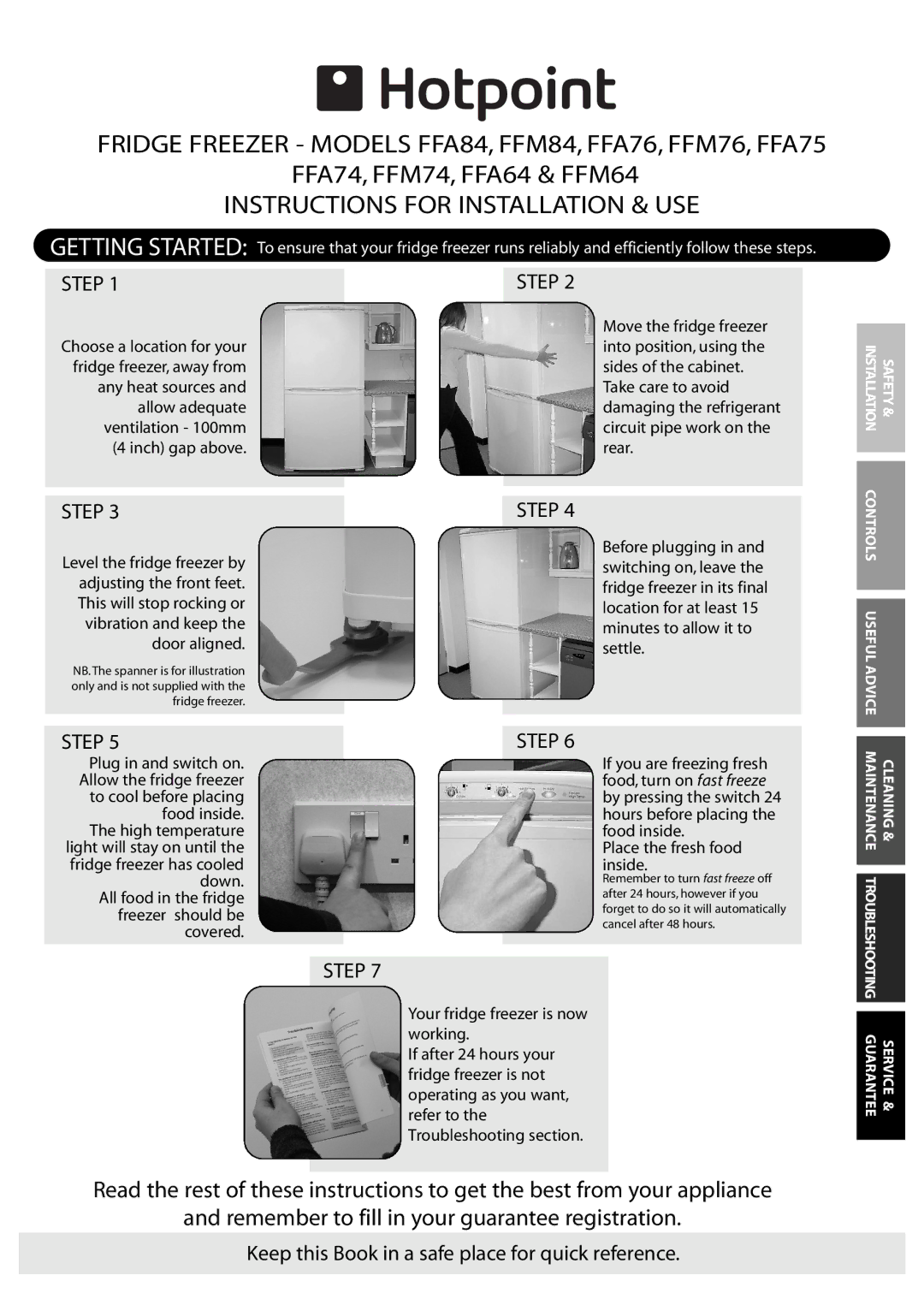 Hotpoint FFA76, FFA84, FFM64, FFA75, FFM76, FFA74, FFM74, FFA64, FFM84 manual Instructions for Installation & USE 