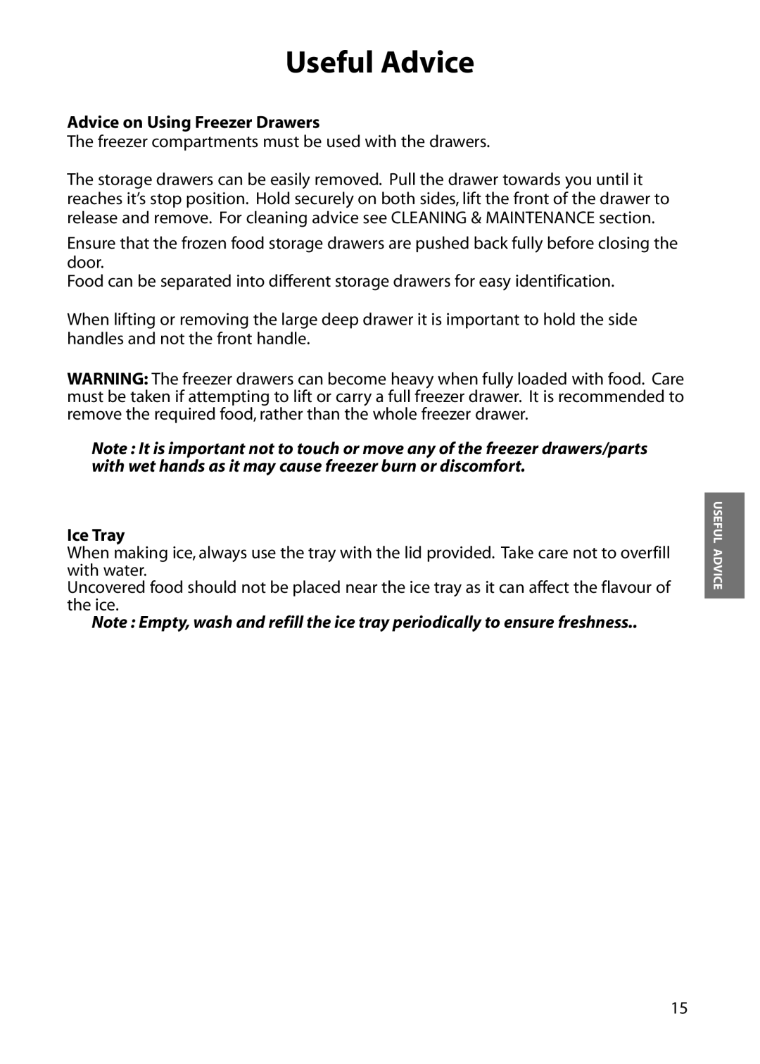 Hotpoint FFM74, FFA84, FFA76, FFM64, FFA75, FFM76, FFA74, FFA64, FFM84 manual Advice on Using Freezer Drawers, Ice Tray 