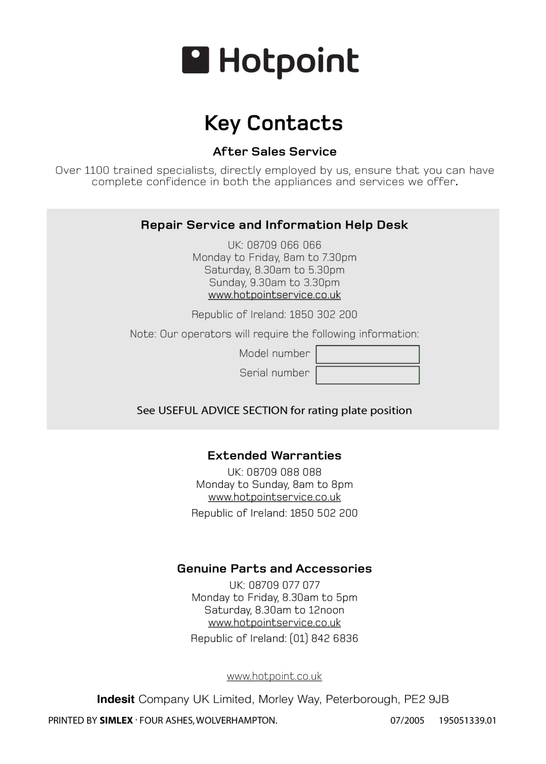 Hotpoint FFA76, FFA84 Key Contacts, After Sales Service, Repair Service and Information Help Desk, Extended Warranties 