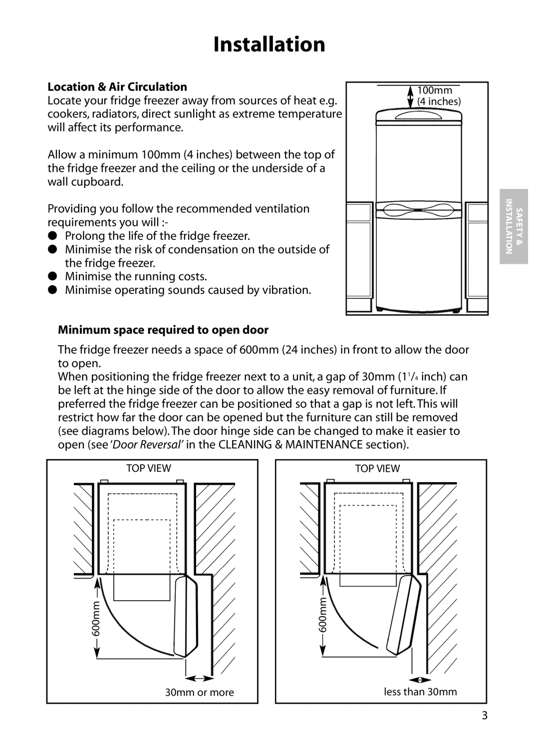 Hotpoint FFA75, FFA84, FFA76, FFM64, FFM76 manual Installation, Location & Air Circulation, Minimum space required to open door 