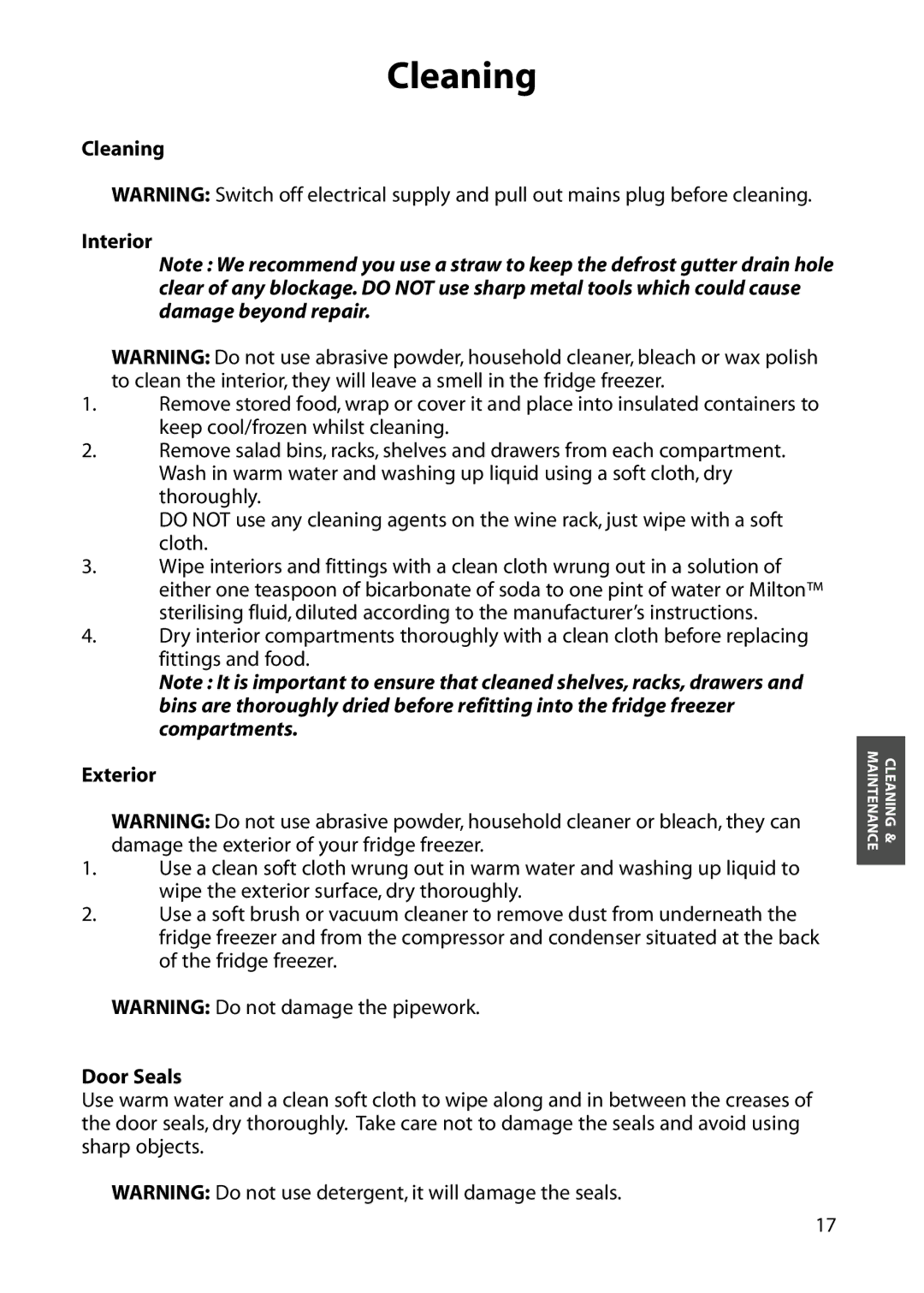 Hotpoint FFA84 manual Cleaning Interior, Exterior, Door Seals 