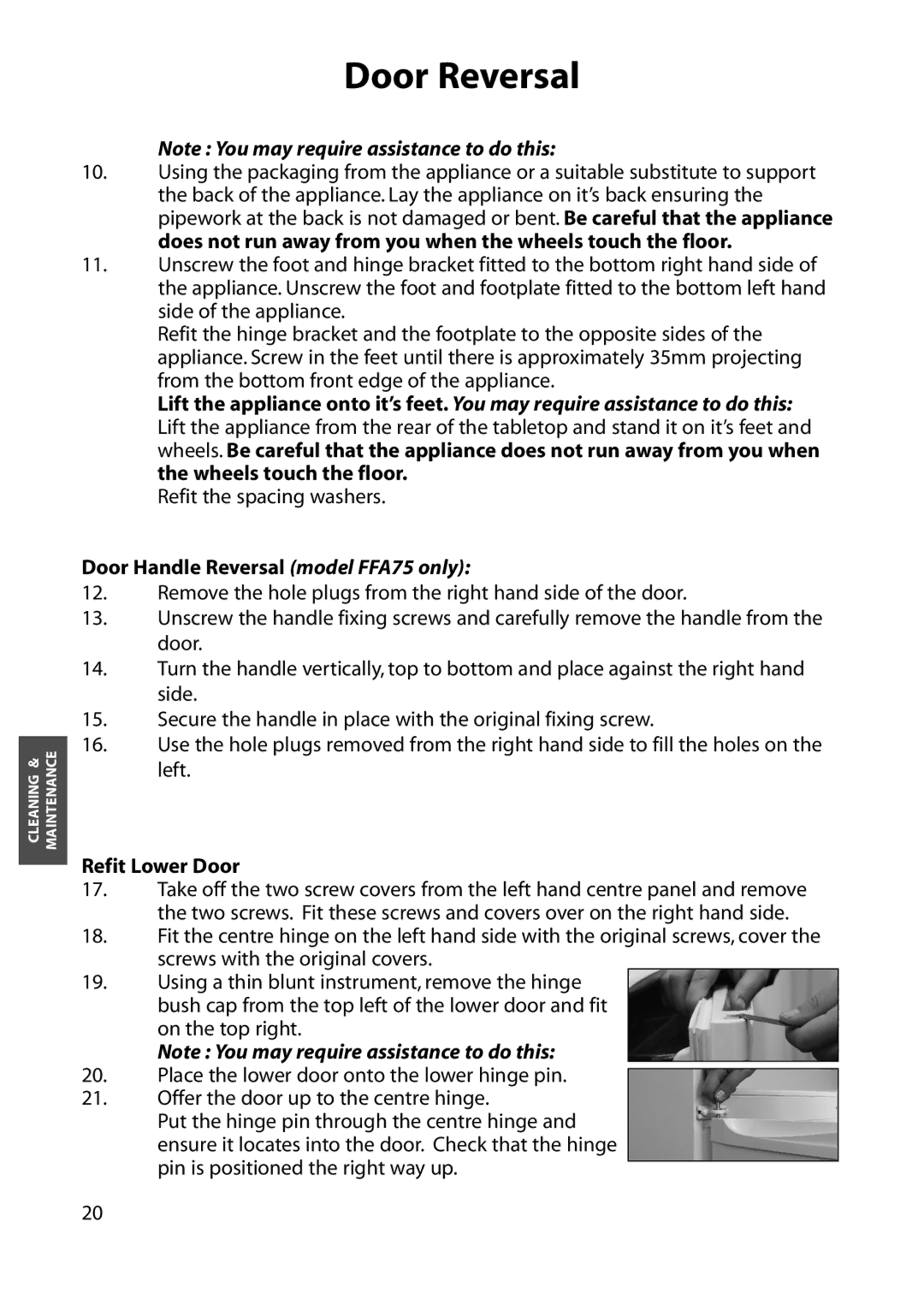 Hotpoint FFA84 manual Secure the handle in place with the original fixing screw, Refit Lower Door 