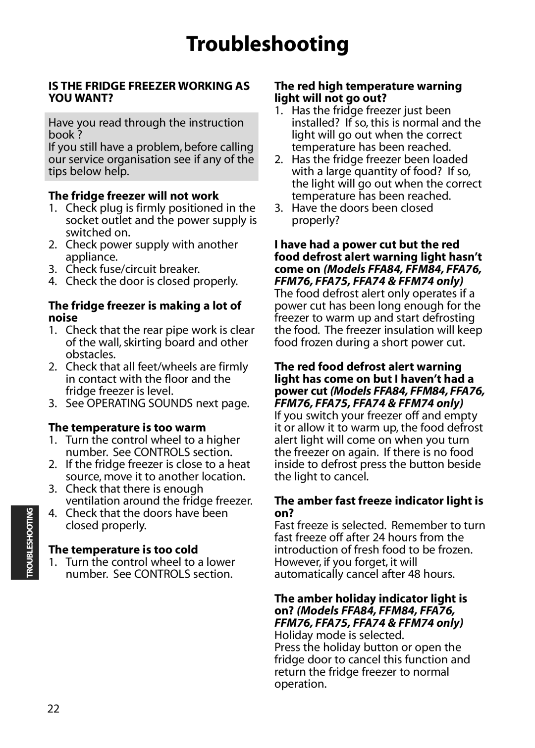 Hotpoint FFA84 manual Troubleshooting 