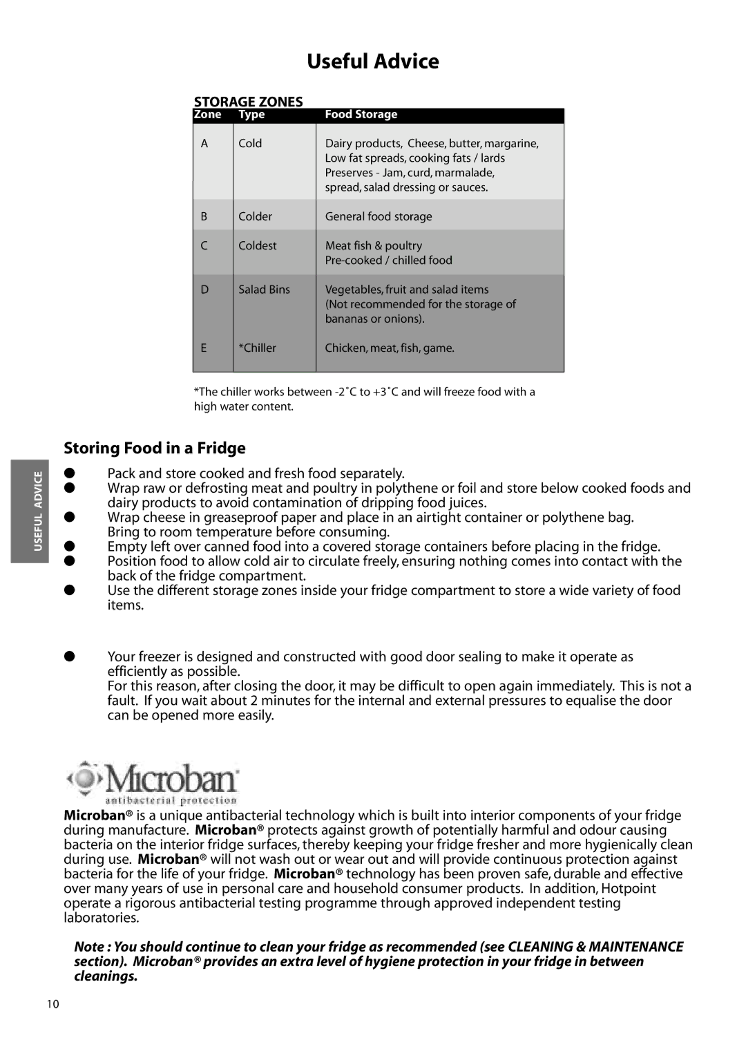 Hotpoint ffa91, FFM91 manual Useful Advice, Storing Food in a Fridge 