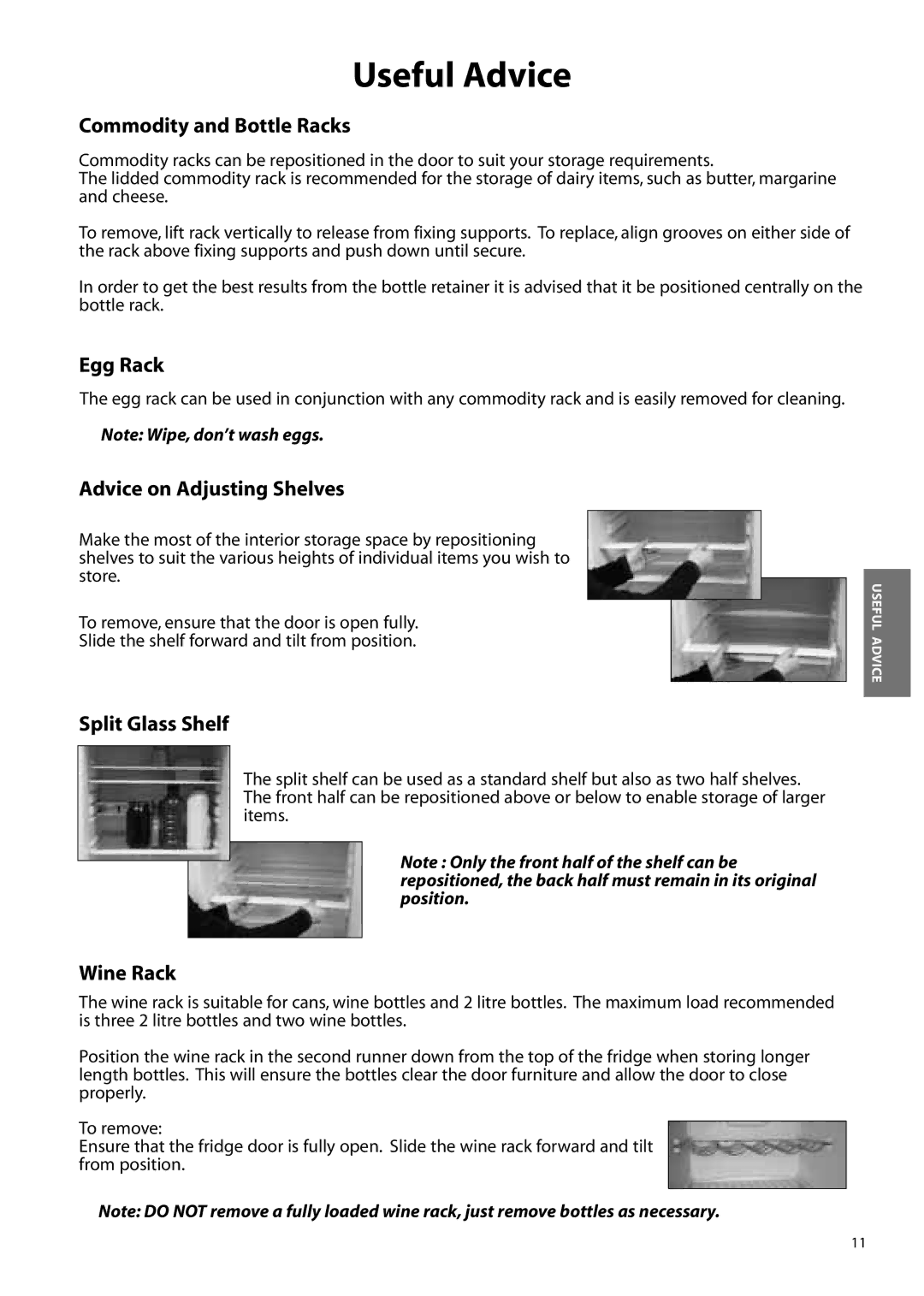 Hotpoint FFM91, ffa91 manual Commodity and Bottle Racks, Egg Rack, Advice on Adjusting Shelves, Split Glass Shelf, Wine Rack 