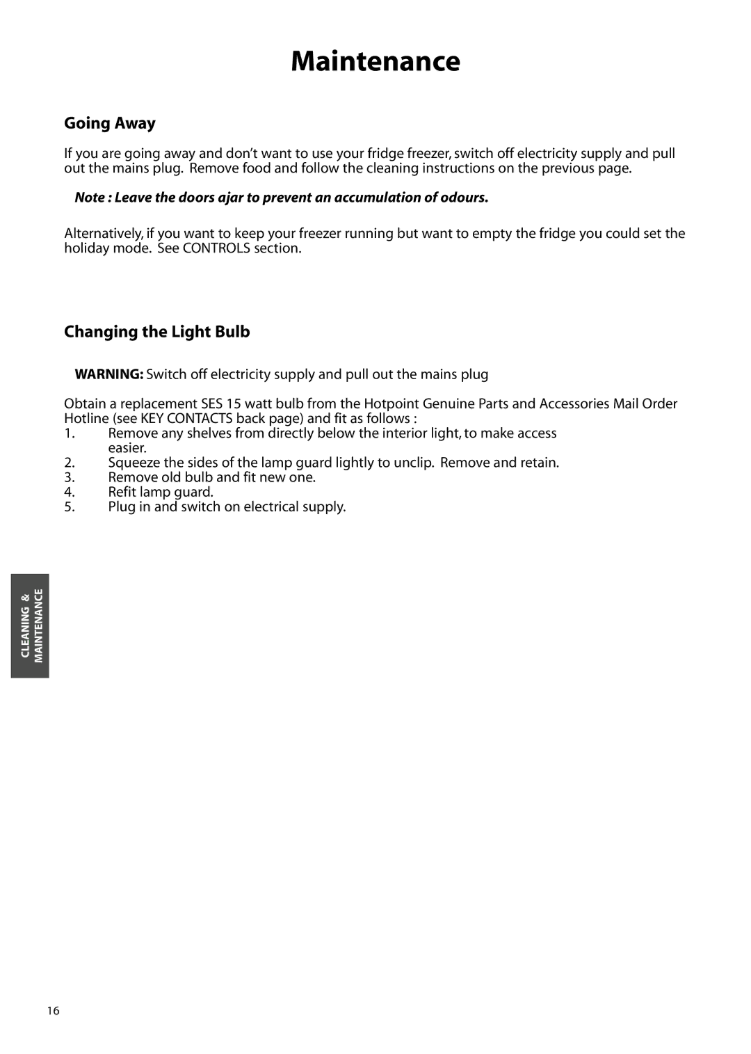 Hotpoint ffa91, FFM91 manual Maintenance, Going Away, Changing the Light Bulb 