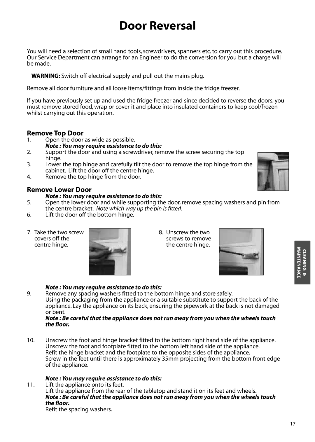 Hotpoint FFM91, ffa91 manual Door Reversal, Remove Top Door, Remove Lower Door 