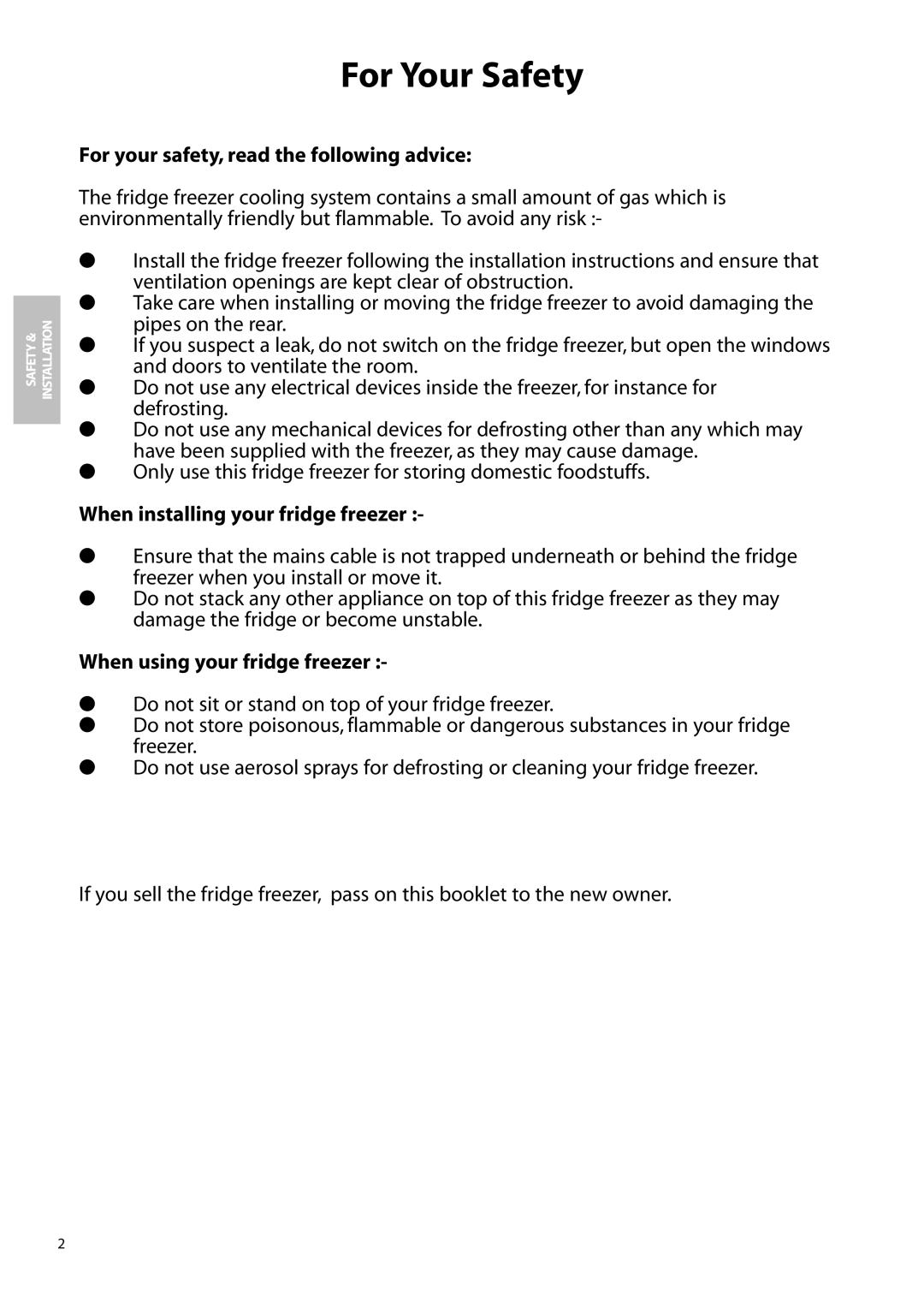 Hotpoint ffa91, FFM91 For Your Safety, For your safety, read the following advice, When installing your fridge freezer 