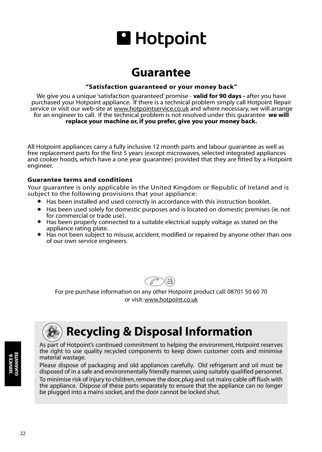 Hotpoint ffa91, FFM91 manual Guarantee, Recycling & Disposal Information 