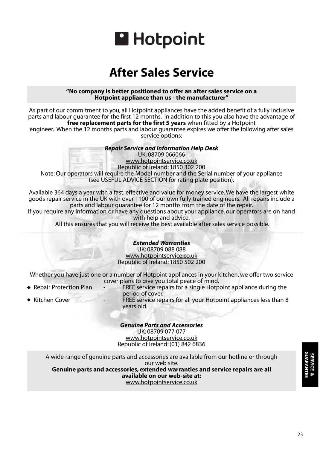 Hotpoint FFM91, ffa91 manual After Sales Service, Repair Service and Information Help Desk 