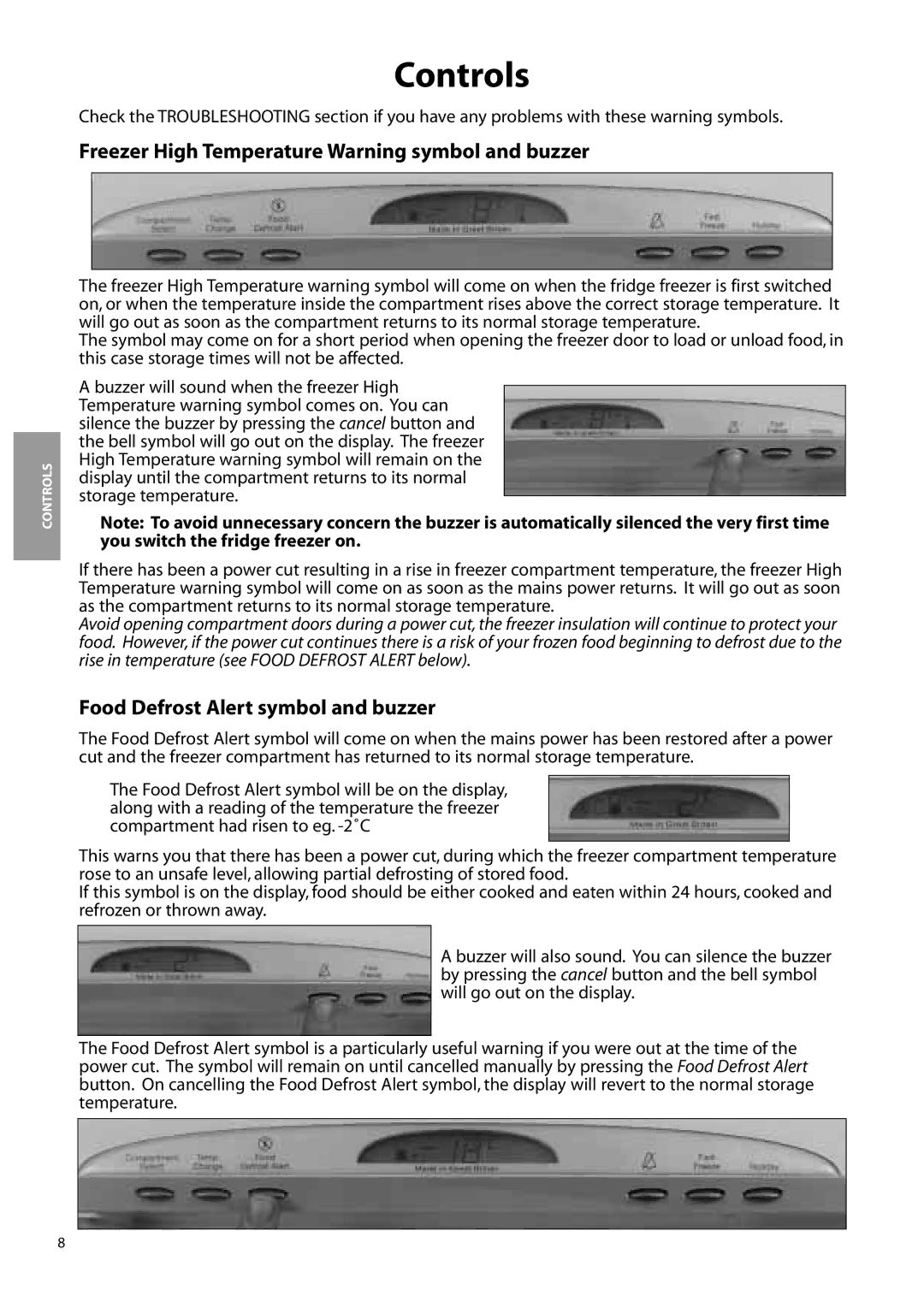Hotpoint ffa91, FFM91 manual Freezer High Temperature Warning symbol and buzzer, Food Defrost Alert symbol and buzzer 