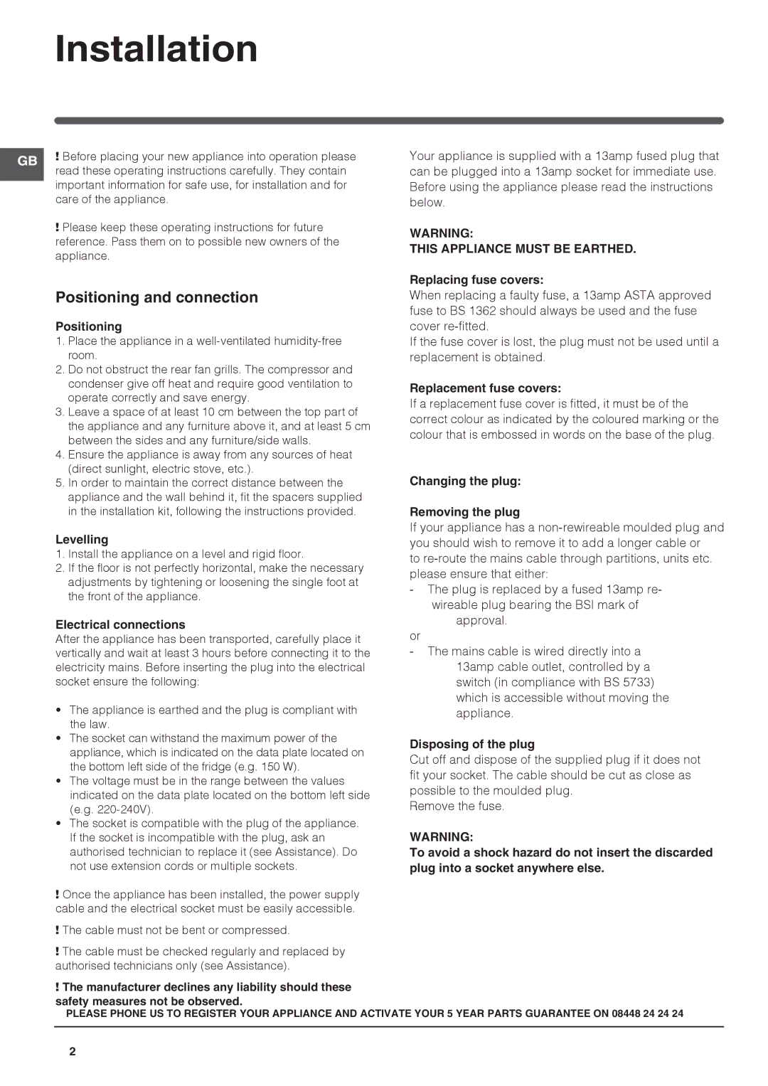 Hotpoint ffaa52k-1 manual Installation, Positioning and connection 